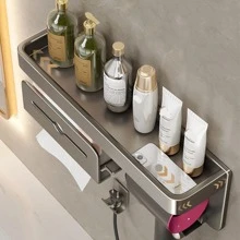 1pc Aluminum Alloy Bathroom Storage Rack, Modern Punch-free Shelving Storage Unit For Bathroom - Light Grey - View 4