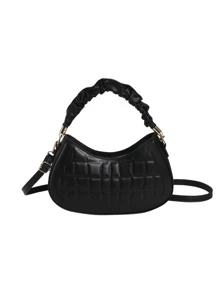 Embossed Detail Hobo Bag Ruched Handle Black