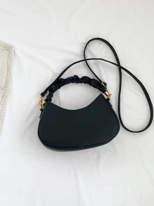 Embossed Detail Hobo Bag Ruched Handle Black