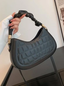 Embossed Detail Hobo Bag Ruched Handle Black