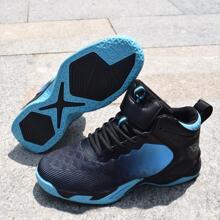 運動透氣男士雙色針織細節織物高幫跑步鞋 - 藍色 - 查看 2