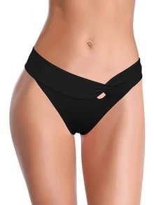 SHEKINI Solid Twist Detail Cut Out Bikini Bottom - Black - View 3