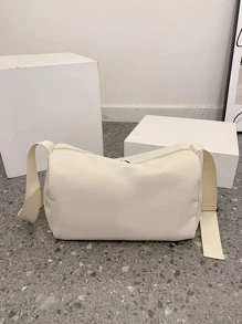 女士撞色大容量尼龍單肩包可折疊軟托特包素色中碼03*15*19cm - 白色 - 查看 8