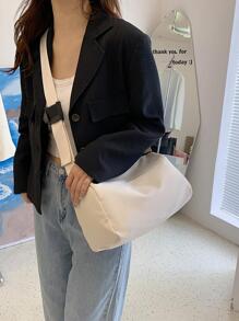 女士撞色大容量尼龍單肩包可折疊軟托特包素色中碼03*15*19cm - 白色 - 查看 2