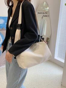 女士撞色大容量尼龍單肩包可折疊軟托特包素色中碼03*15*19cm - 白色 - 查看 5