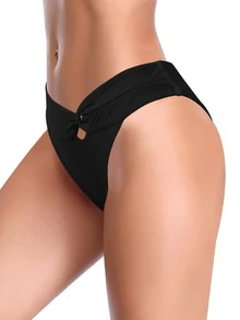 SHEKINI Solid Twist Detail Cut Out Bikini Bottom - Black - View 5