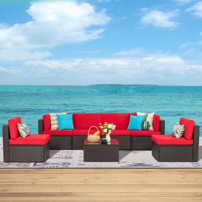  Vongrasig 7 Pieces Outdoor Patio Furniture Sets, Outdoor Sectional Rattan Sofa, PE Manual Weaving Wicker Patio Conversation Set With Cushion, Glass Table