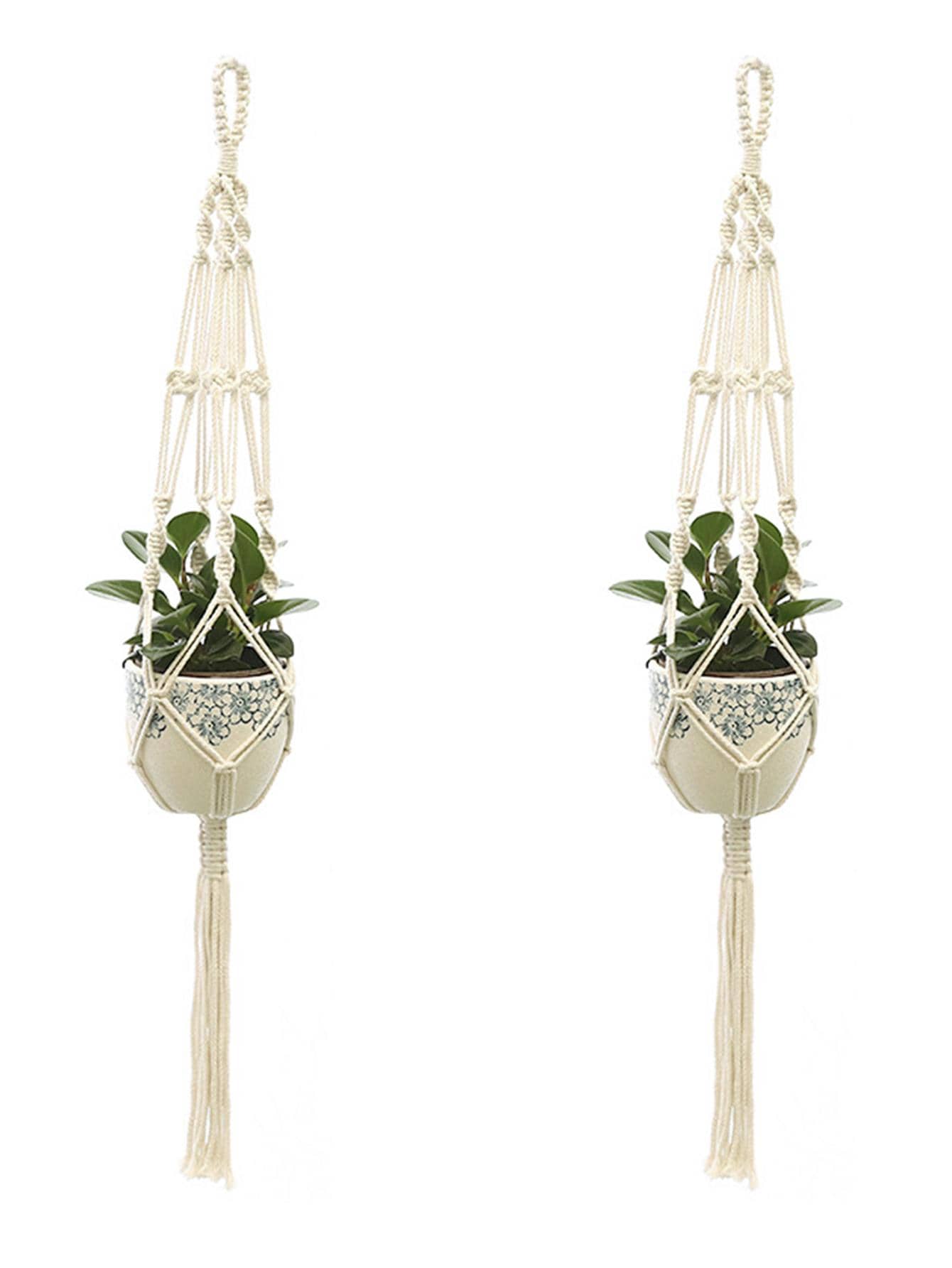 1pc Woven Plant Hanger, Modern Polyester Hanging Planter Basket For Home Decoration - White - View 1