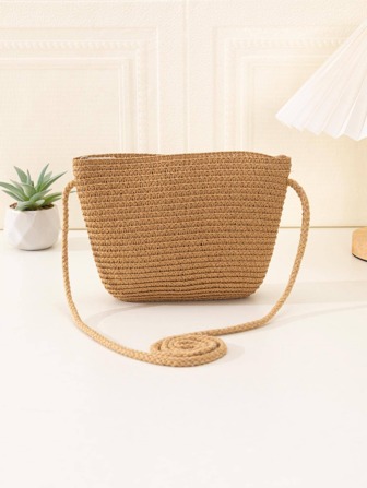 YL Women's Mini Khaki Straw Casual Tote Bag, Practical Multipurpose