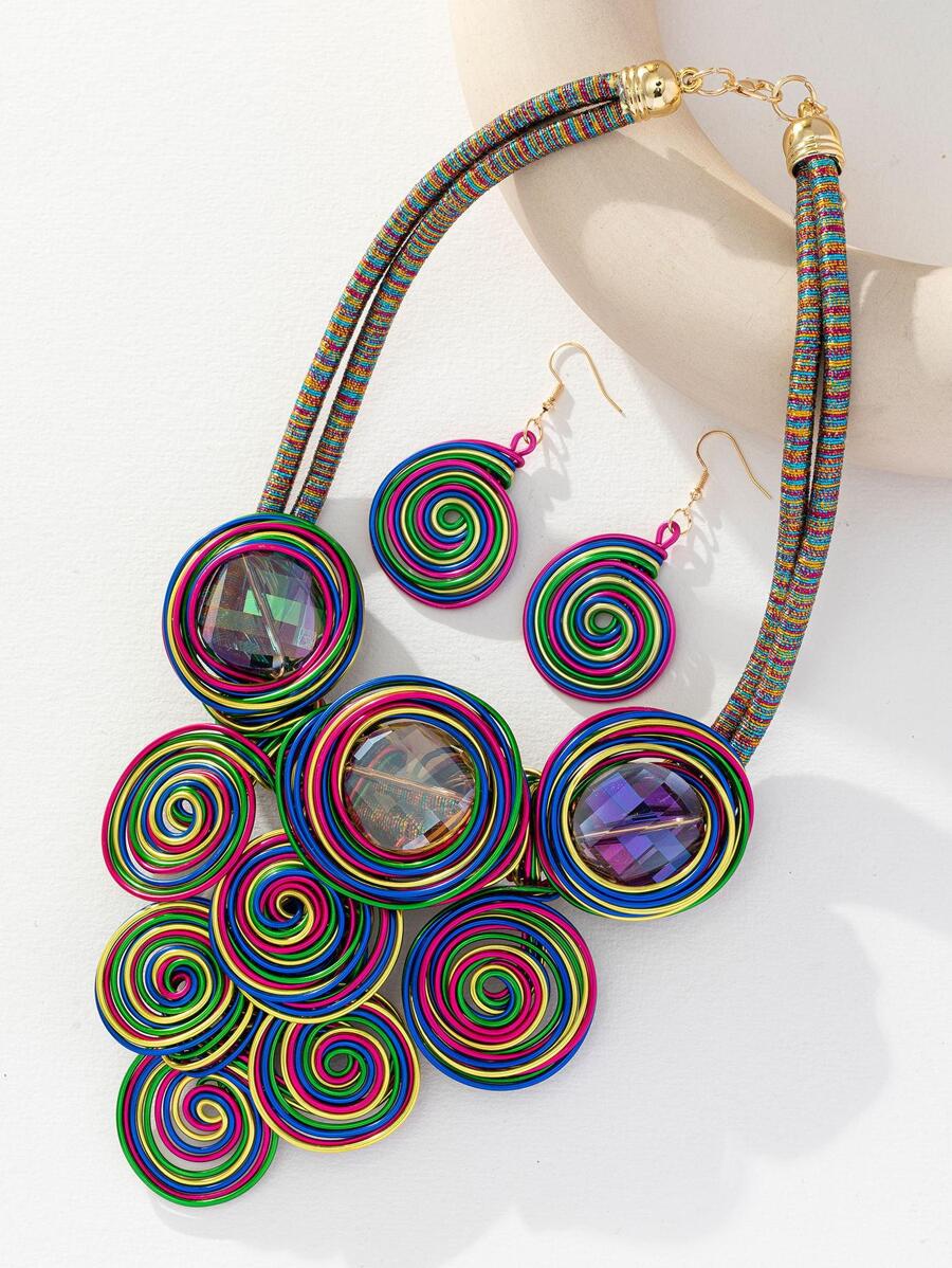 1套時尚水鑽耳墜和圍兜項鍊首飾套裝適合女士適合派對 - 彩色的 - 查看 1