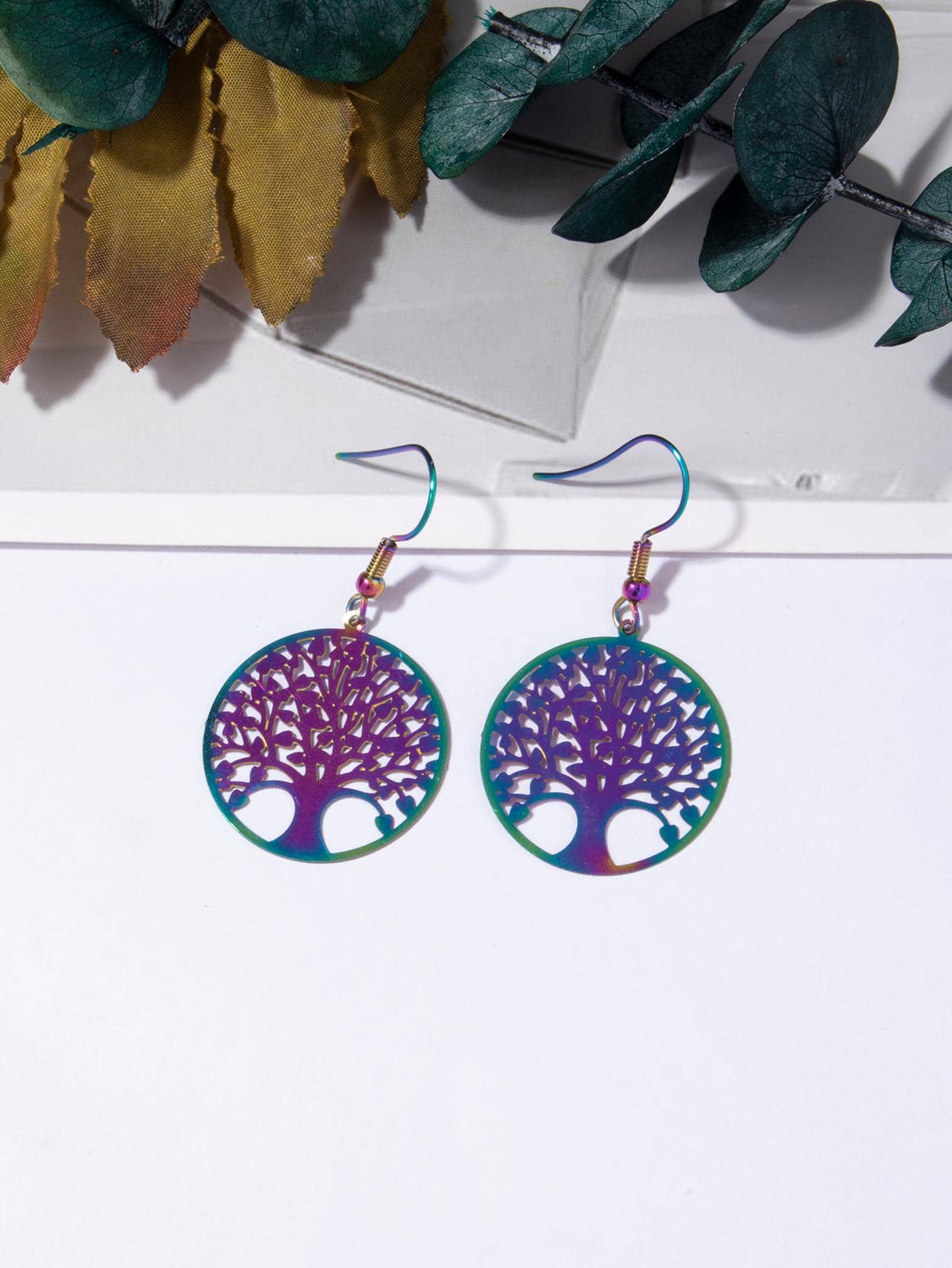 Thép Không Gỉ Tinh Tế Hoa Văn Hình Cây Rỗng Ra Vòng Tròn Tròn Thả Bông Tai Nữ Cho Du Lịch - Nhiều màu - Xem 1