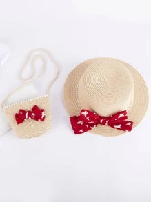 Bow Decor Straw Hat & Bag - Multicolor - View 3