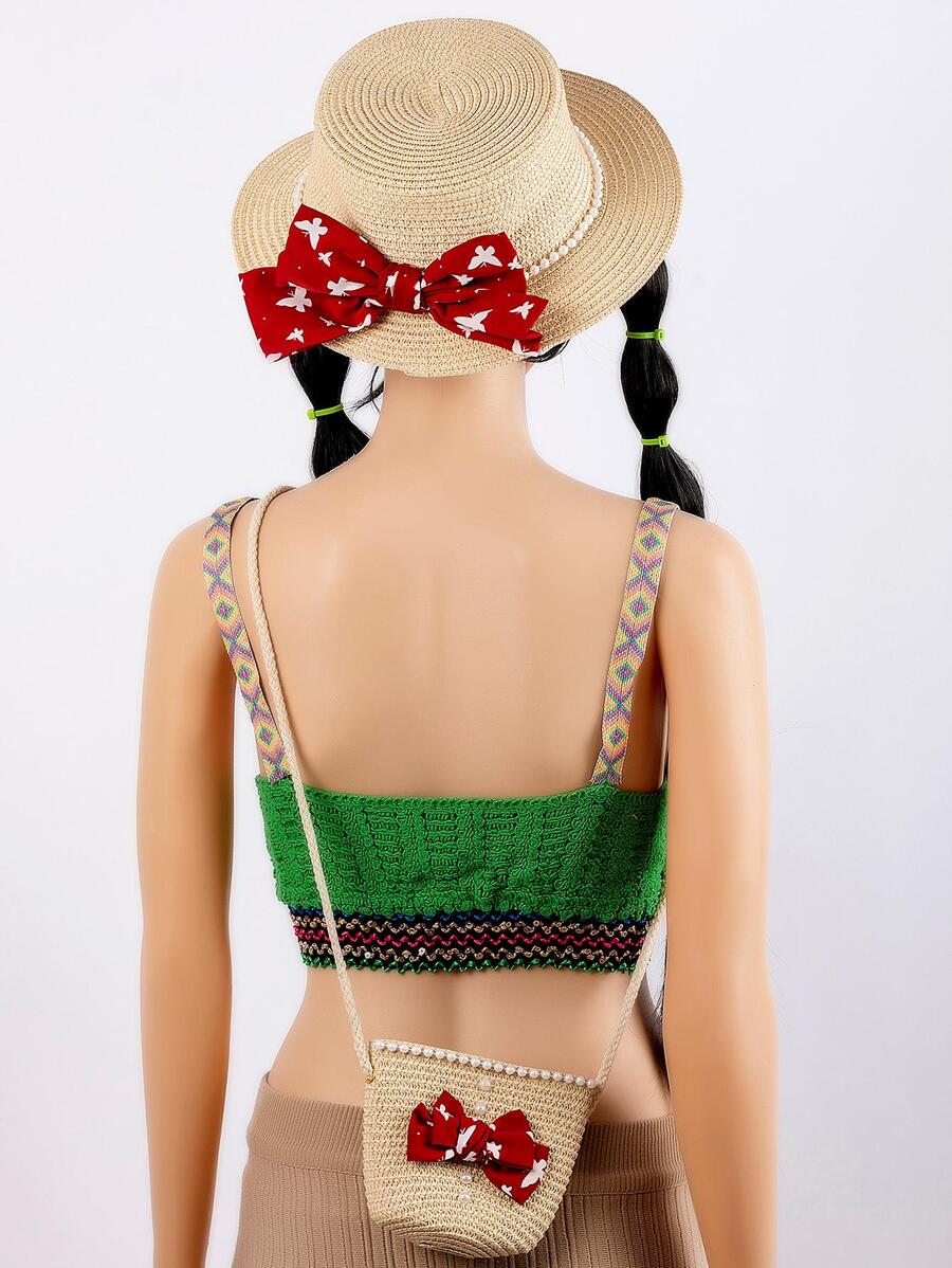 Bow Decor Straw Hat & Bag - Multicolor - View 1