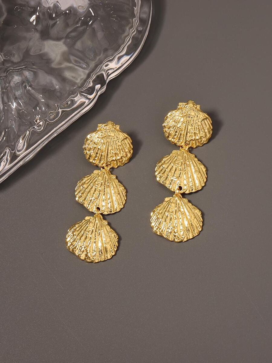 Pendientes uno de de color metálico textura océano con concha modelado de mujeres casual moda - Amarillo Oro - Ver 1