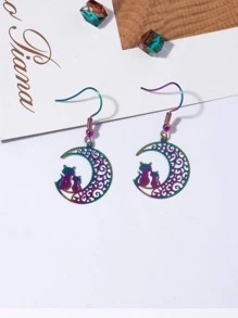 1對精美不銹鋼鏤空月亮和貓耳墜適合女士適合旅行 - 彩色 - 查看 1