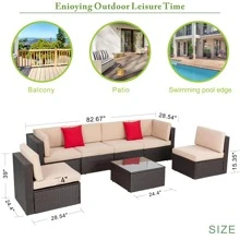 Vongrasig 7 Pieces Outdoor Patio Furniture Sets, Outdoor Sectional Rattan Sofa, PE Manual Weaving Wicker Patio Conversation Set With Cushion, Glass Table - Beige - View 2