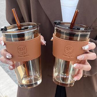 Taza de agua de vidrio de 450ml con pajita y cubierta portátil, patrón Aurora, adecuada para mujeres y parejas, 1 pieza