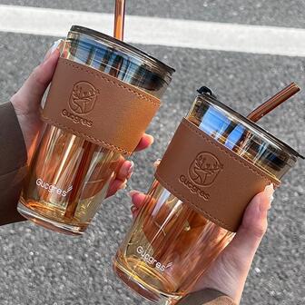 1pc 450ml Glass Water Cup With Straw & Portable Cover, Aurora Pattern, Suitable For Women And Couples