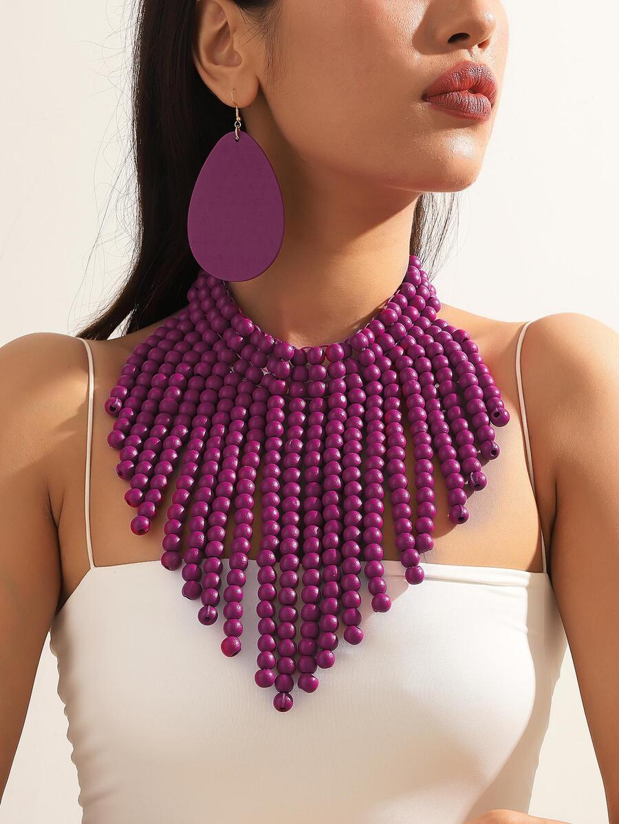 Bead Decor Bib Necklace & Drop Earrings - Purple - View 1