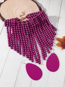 Bead Decor Bib Necklace & Drop Earrings - Purple - View 2
