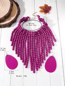 Bead Decor Bib Necklace & Drop Earrings - Purple - View 3