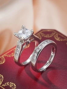 2 cái/bộ Nhẫn Trang Trí Đá Cubic Zirconia - Bạc - Xem 4