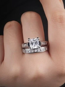 2 cái/bộ Nhẫn Trang Trí Đá Cubic Zirconia - Bạc - Xem 5