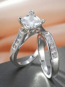 2 cái/bộ Nhẫn Trang Trí Đá Cubic Zirconia - Bạc - Xem 2