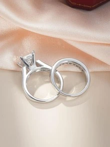 2 cái/bộ Nhẫn Trang Trí Đá Cubic Zirconia - Bạc - Xem 3