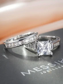 2 cái/bộ Nhẫn Trang Trí Đá Cubic Zirconia - Bạc - Xem 1