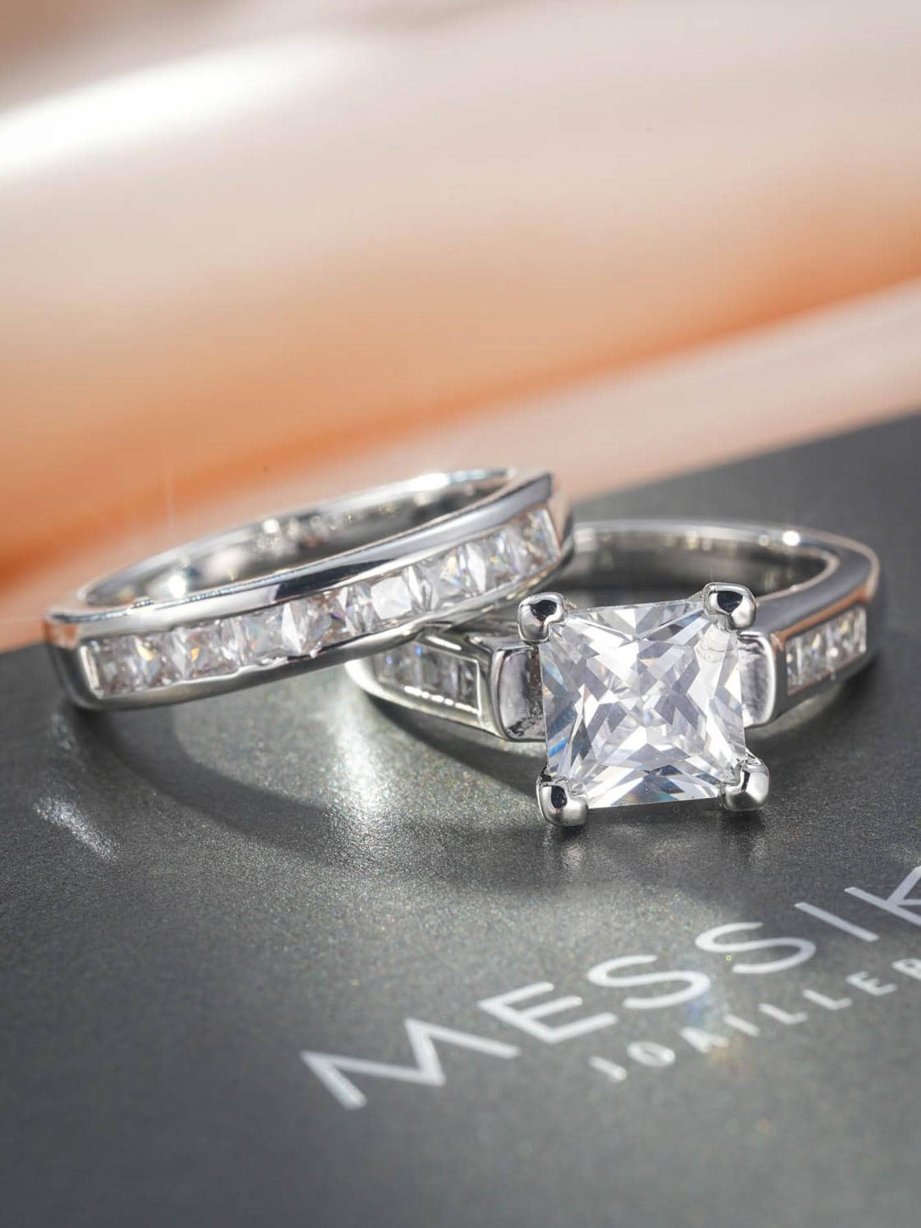 2 cái/bộ Nhẫn Trang Trí Đá Cubic Zirconia - Bạc - Xem 1