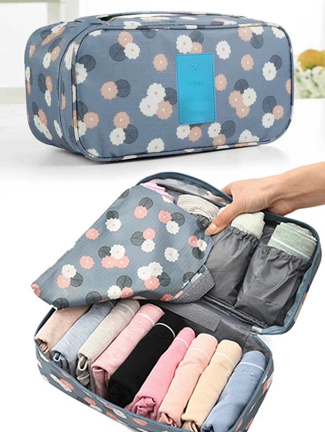 内衣袋女士旅行便携式胸罩收纳袋拉链手提袋化妆品衣服袜子内裤分隔收纳包胸罩盒防水手提包 - 藍色 - 查看 1