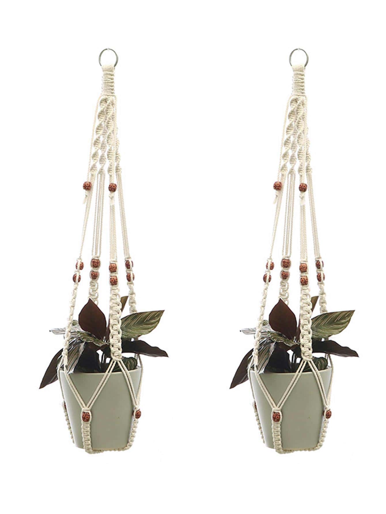 1pc Woven Plant Hanger, Modern Polyester Hanging Planter Basket For Home Decoration - White - View 1