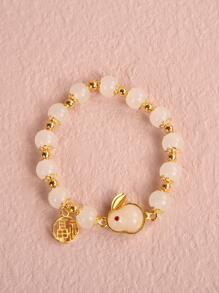 Chinese Character Detail Rabbit Charm Beaded Bracelet