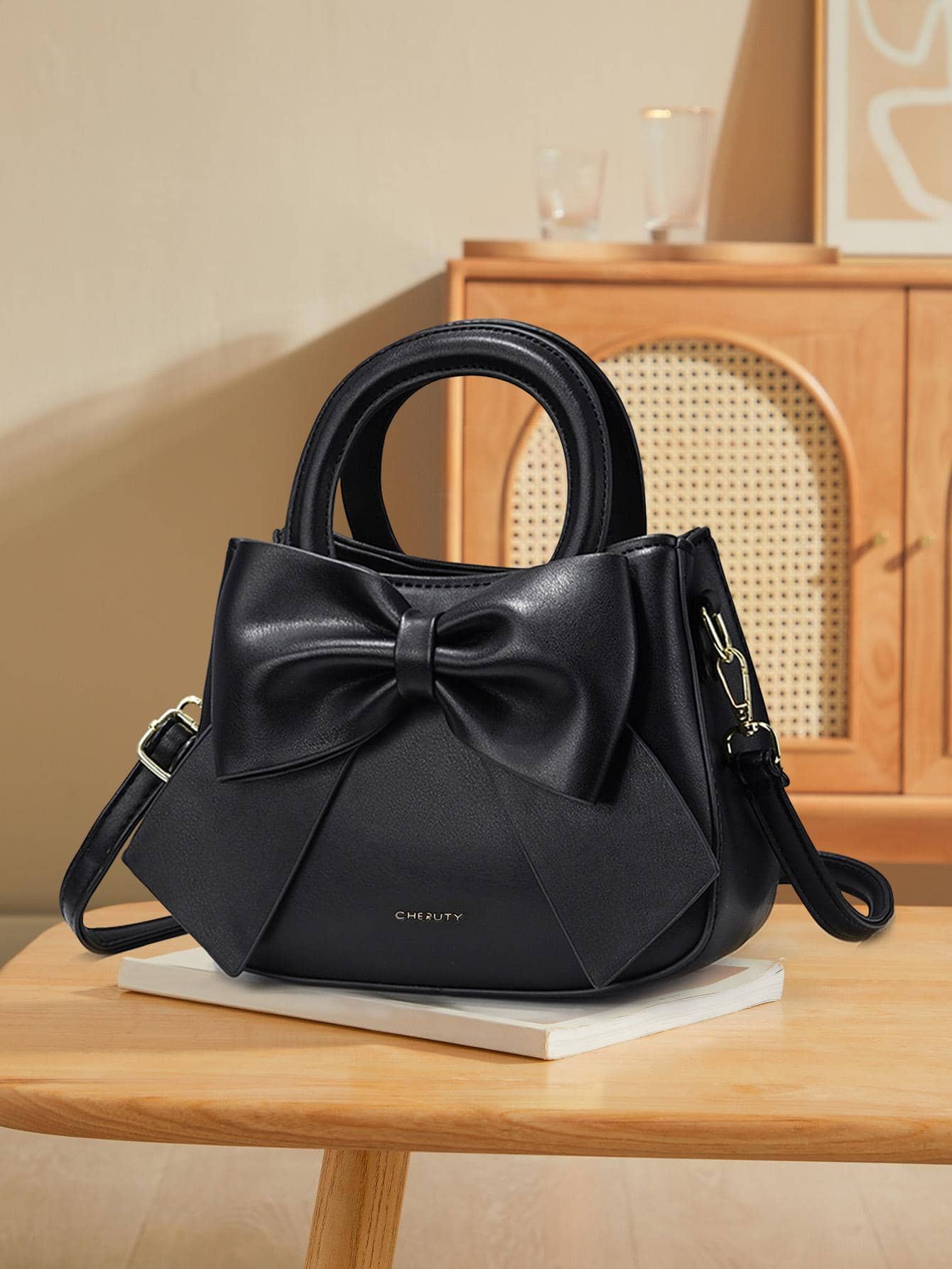 Túi Hobo trang trí nơ màu đen Tay cầm đôi thời trang - màu đen - Xem 1