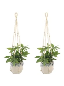 1pc Woven Plant Hanger, Modern Polyester Hanging Planter Basket For Home Decoration - White - View 1