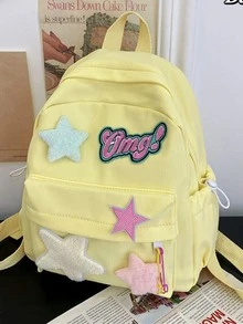 Star & Letter Patch Classic Backpack Yellow Fashionable - Yellow - View 3