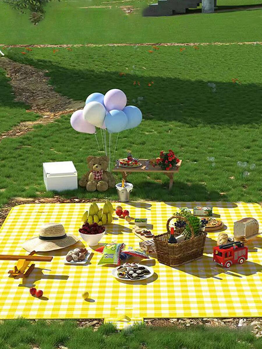 1pc Gingham Pattern Outdoor Waterproof Picnic Mat - Yellow - View 1