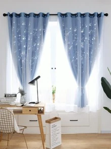 1入組鏤空星星圖案藍色金屬亮絲滌綸遮光窗簾適用於客廳 - 藍色 - 查看 1