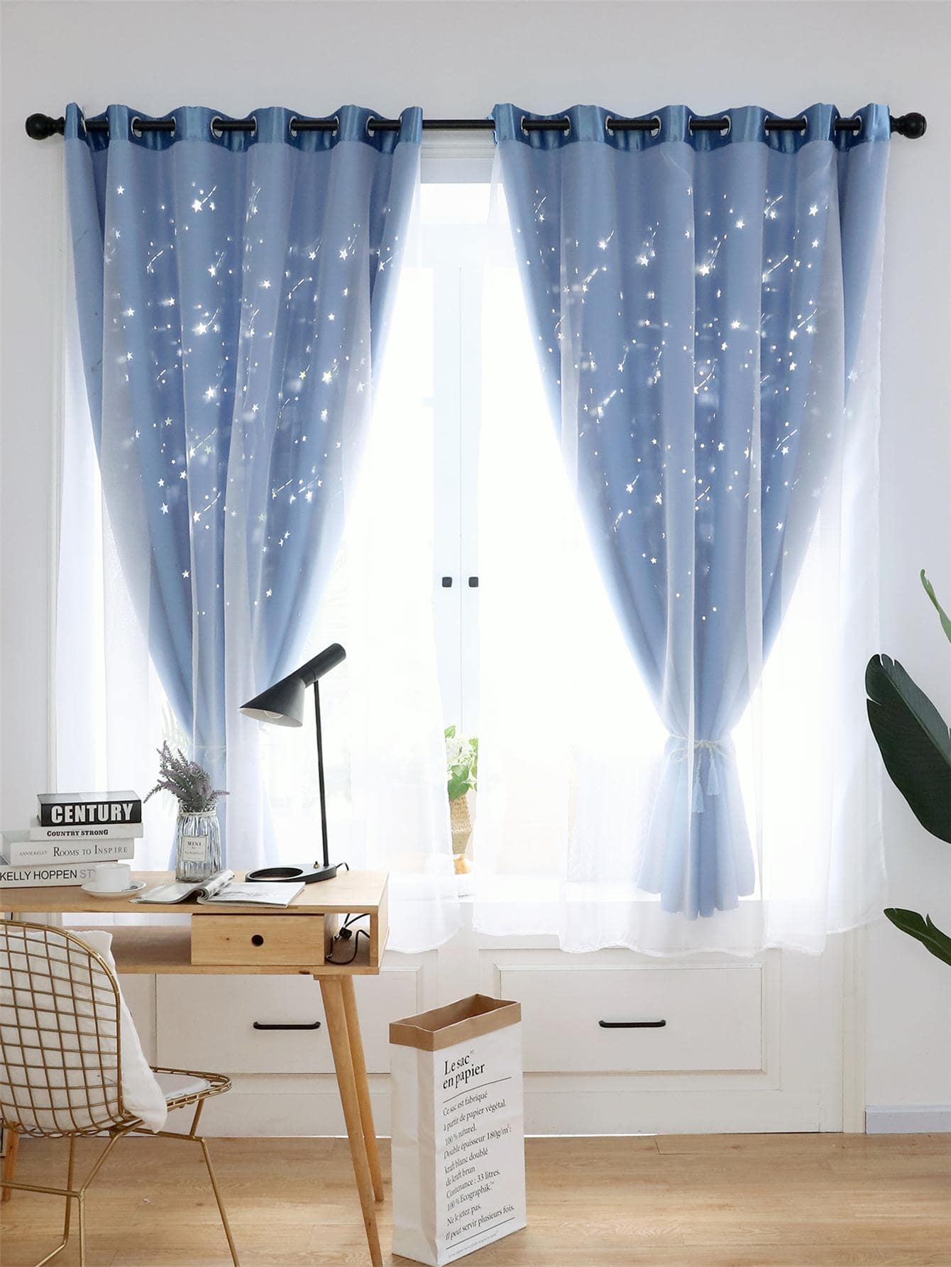 1入組鏤空星星圖案藍色金屬亮絲滌綸遮光窗簾適用於客廳 - 藍色 - 查看 1