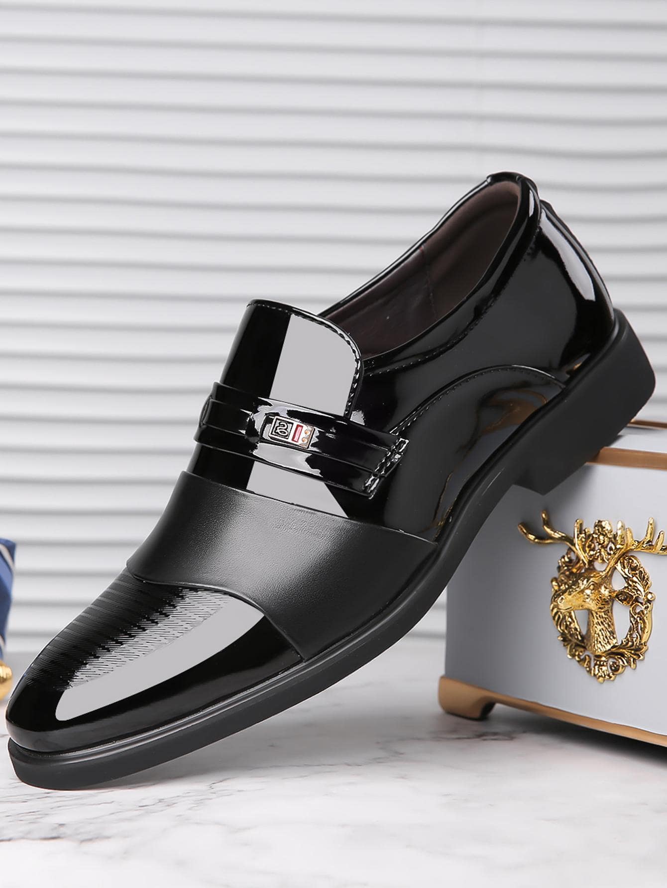 男士金屬裝飾一腳蹬時尚男士正裝鞋黑色 - 黑色 - 查看 1