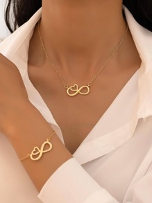 1pc Metallic Heart Geometric Figure Eight Pendant Necklace & Bracelet Set - Yellow Gold - View 1
