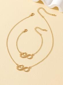 1pc Metallic Heart Geometric Figure Eight Pendant Necklace & Bracelet Set - Yellow Gold - View 2