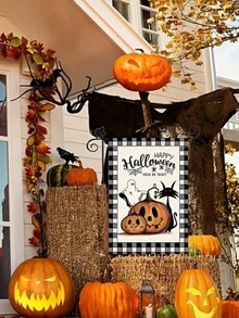 萬聖節南瓜,鬼&黑色貓花園旗幟,1入組 - 彩色 - 查看 2