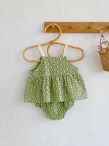 Baby 1pc Ditsy Floral Embroidery Peplum Cami Top & 1pc Shorts Set