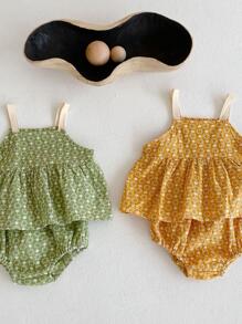 Baby 1pc Ditsy Floral Embroidery Peplum Cami Top & 1pc Shorts Set