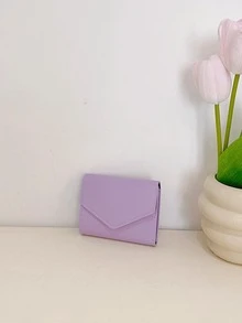 Solid Color Stitch Detail Small Wallet Tri-Fold Credit Card Holder - Purple - View 6