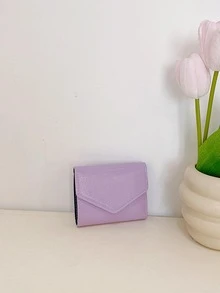 Solid Color Stitch Detail Small Wallet Tri-Fold Credit Card Holder - Purple - View 7