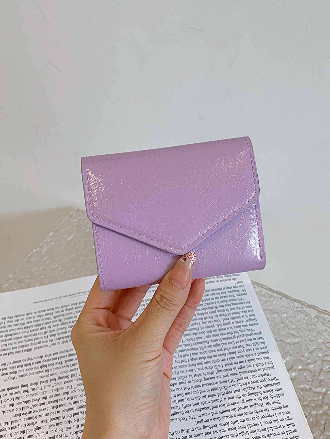 Solid Color Stitch Detail Small Wallet Tri-Fold Credit Card Holder - Purple - View 1