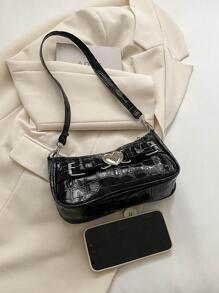 心形裝飾拉鍊方形袋，Pu Y2K風格肩背包，時尚便攜腋下包，適合音樂節